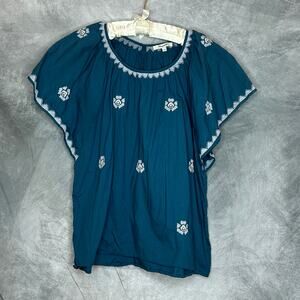 Madewell Top Blouse Women Lg Blue Boho Peasant Embroidery Cotton Hippie Floral